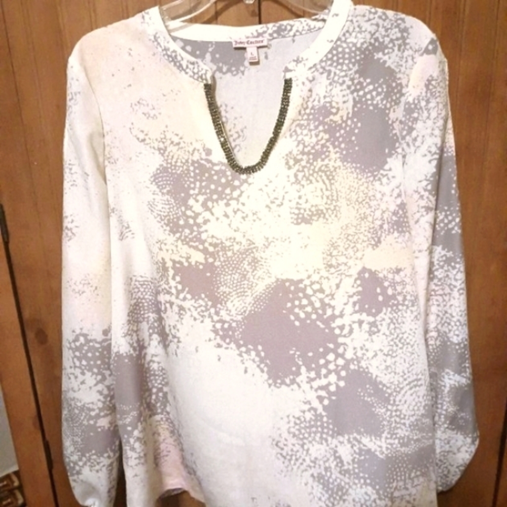 JUICY COUTURE WOMENS IVORY/GRAY/PINK TOP WITH BEADING SIZE LARGE